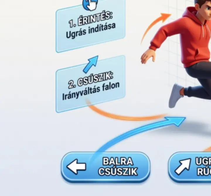 Magyar nyelvű infografika a Wall Kickers vezérlőgombjairól és alap irányításáról